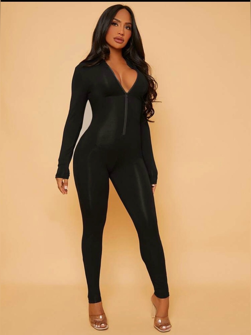 Women's Black Long-Sleeve Skinny Jumpsuit with Front Zip